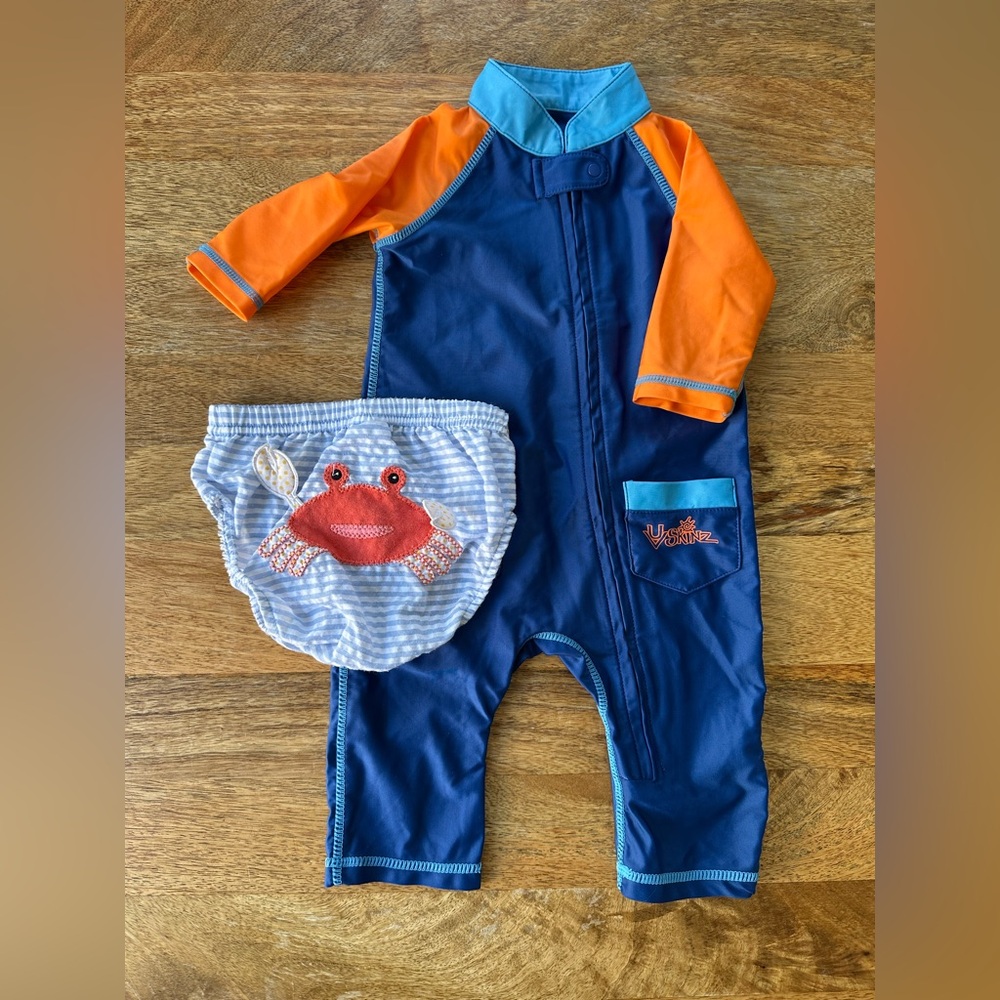 UV Skinz swim suit and Baby Aspen searsucker bloomers with bum crab, 0-6 months
